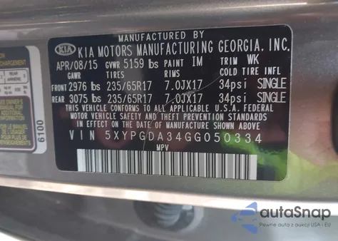 2016 Kia Sorento 2.4L Lx из США, поврежденный, VIN 5XYPGDA34GG050334